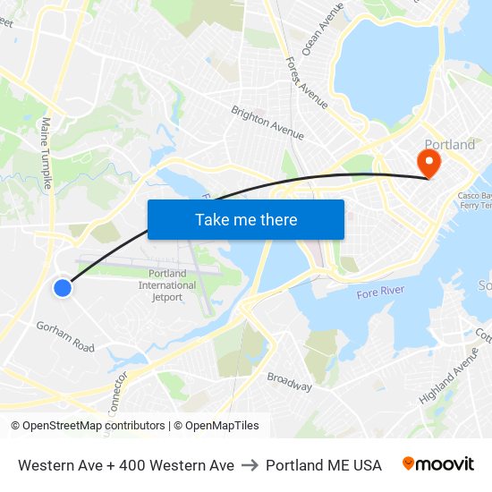 Western Ave + 400 Western Ave to Portland ME USA map