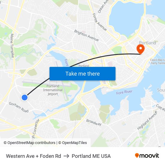 Western Ave + Foden Rd to Portland ME USA map