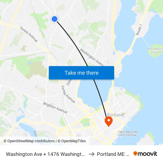 Washington Ave + 1476 Washington Ave to Portland ME USA map