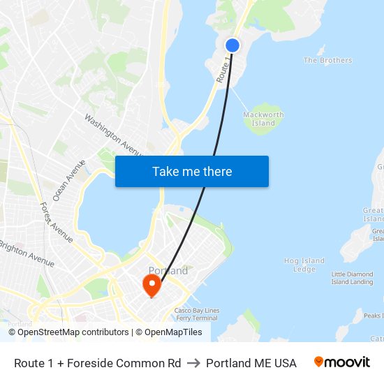Route 1 + Foreside Common Rd to Portland ME USA map