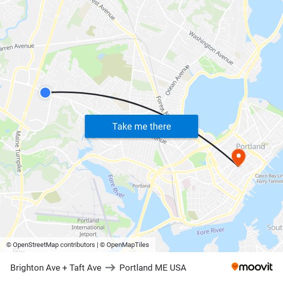 Brighton Ave + Taft Ave to Portland ME USA map