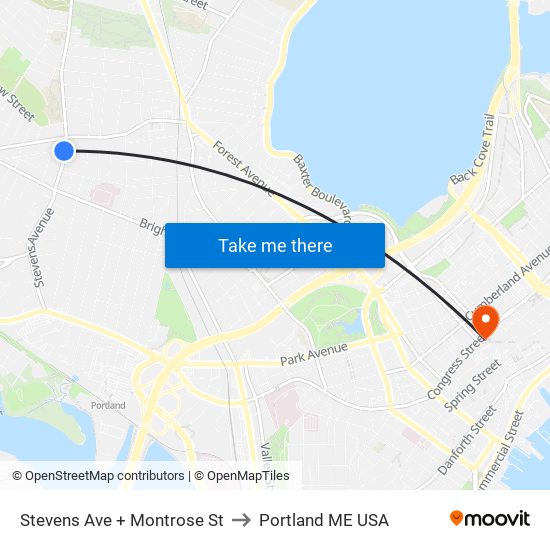 Stevens Ave + Montrose St to Portland ME USA map