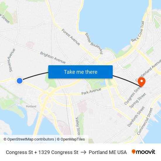 Congress St + 1329 Congress St to Portland ME USA map