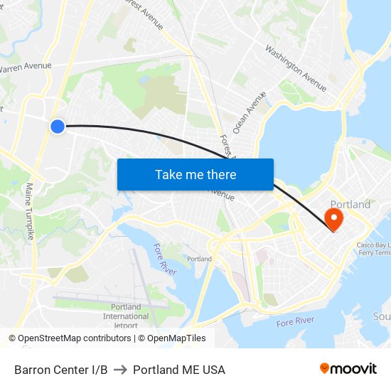 Barron Center I/B to Portland ME USA map