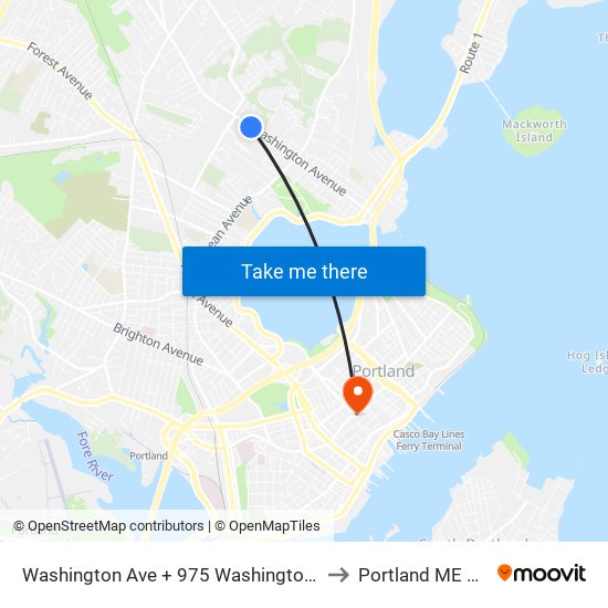 Washington Ave + 975 Washington Ave to Portland ME USA map