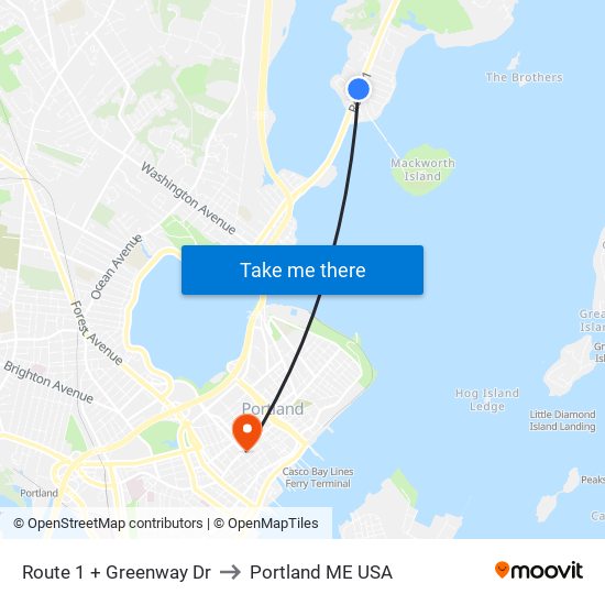 Route 1 + Greenway Dr to Portland ME USA map