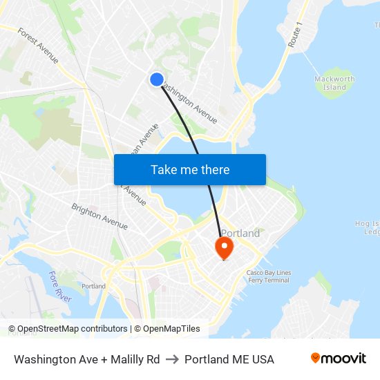 Washington Ave + Malilly Rd to Portland ME USA map