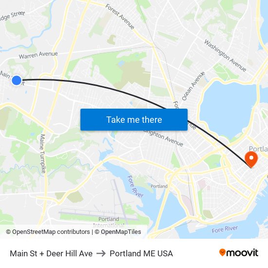 Main St + Deer Hill Ave to Portland ME USA map