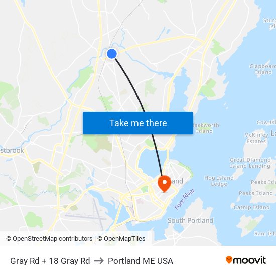 Gray Rd + 18 Gray Rd to Portland ME USA map