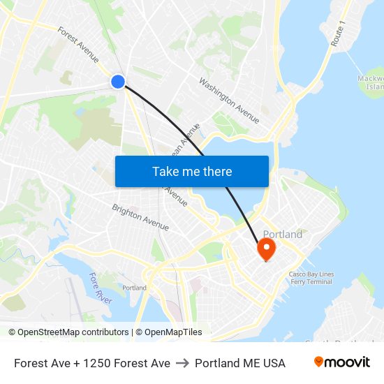 Forest Ave + 1250 Forest Ave to Portland ME USA map