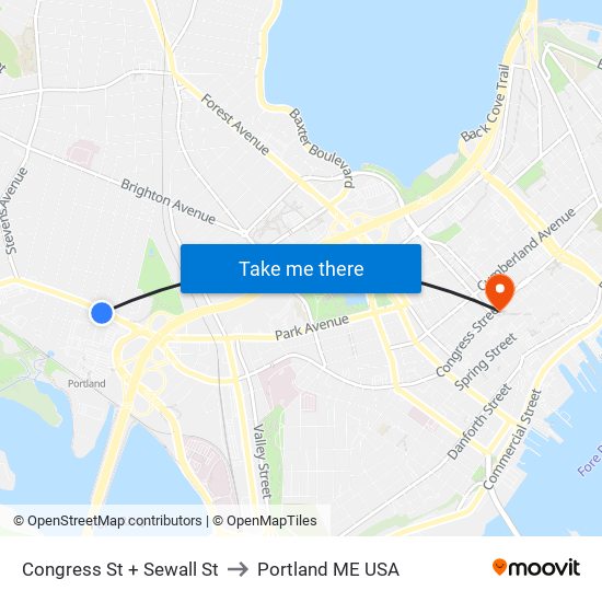 Congress St + Sewall St to Portland ME USA map