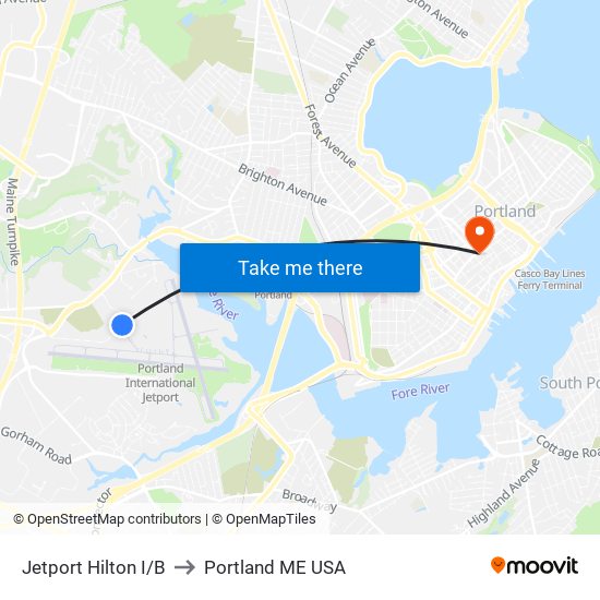 Jetport Hilton I/B to Portland ME USA map