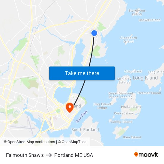 Falmouth Shaw's to Portland ME USA map