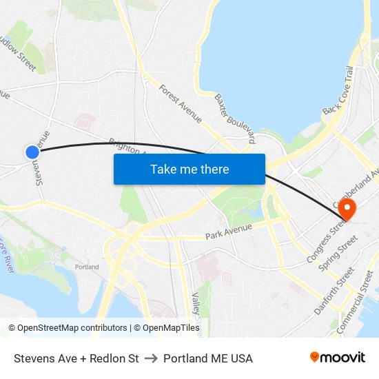 Stevens Ave + Redlon St to Portland ME USA map