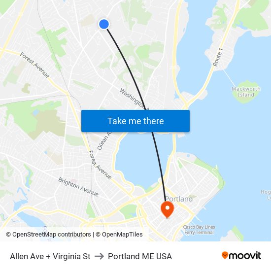 Allen Ave + Virginia St to Portland ME USA map