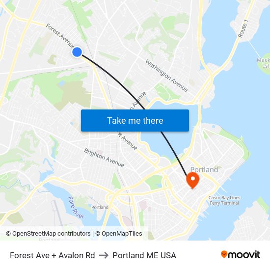 Forest Ave + Avalon Rd to Portland ME USA map