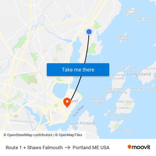 Route 1 + Shaws Falmouth to Portland ME USA map
