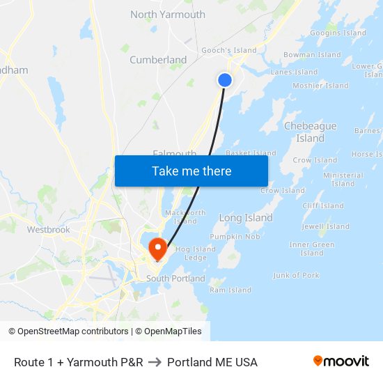Route 1 + Yarmouth P&R to Portland ME USA map