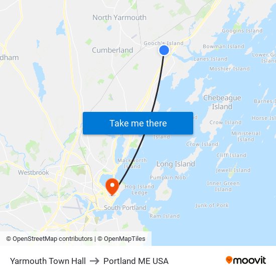 Yarmouth Town Hall to Portland ME USA map