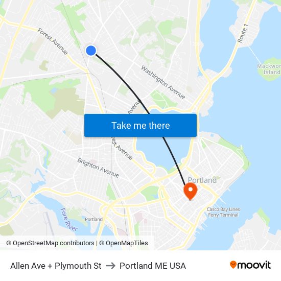 Allen Ave + Plymouth St to Portland ME USA map