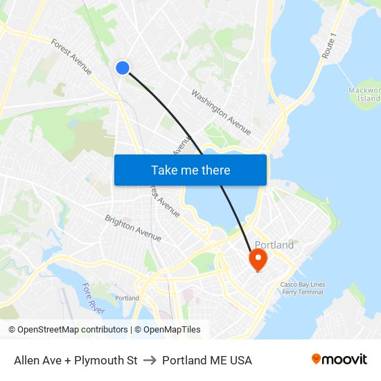 Allen Ave + Plymouth St to Portland ME USA map