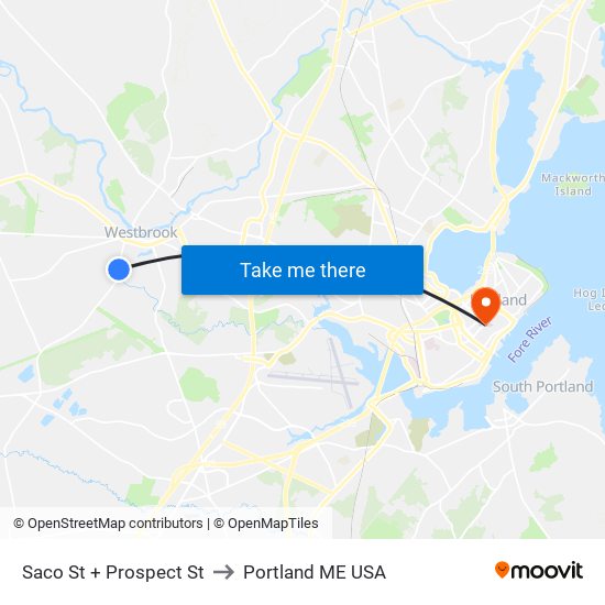 Saco St + Prospect St to Portland ME USA map