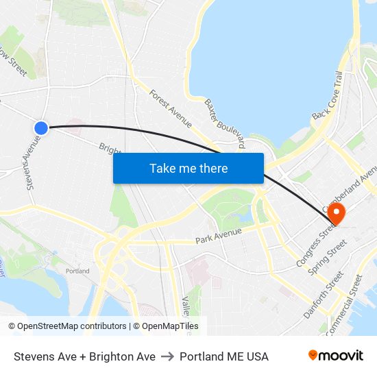 Stevens Ave + Brighton Ave to Portland ME USA map