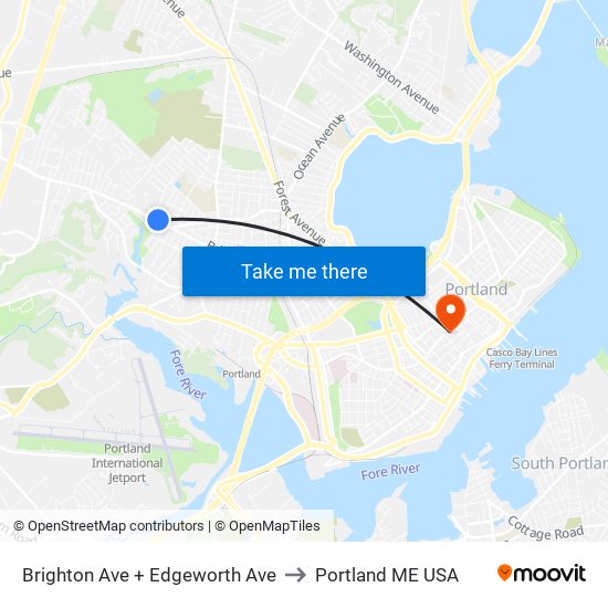 Brighton Ave + Edgeworth Ave to Portland ME USA map