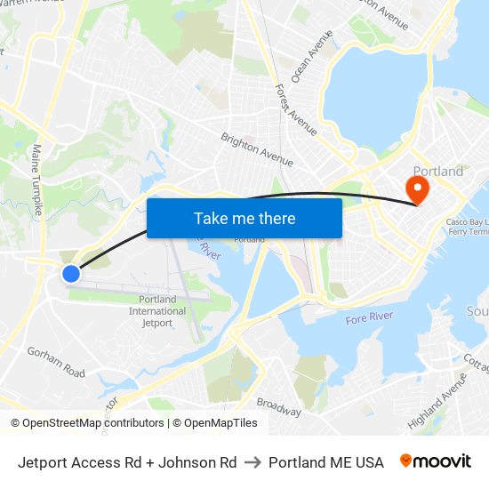Jetport Access Rd + Johnson Rd to Portland ME USA map