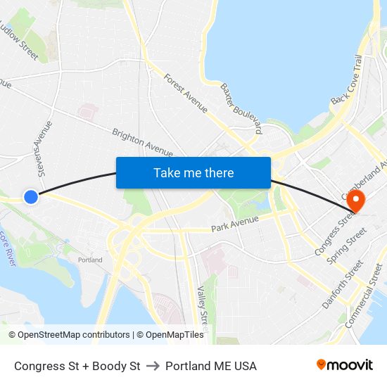Congress St + Boody St to Portland ME USA map