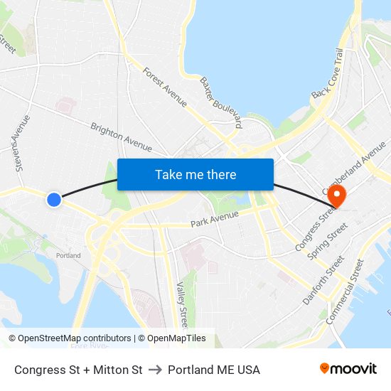 Congress St + Mitton St to Portland ME USA map