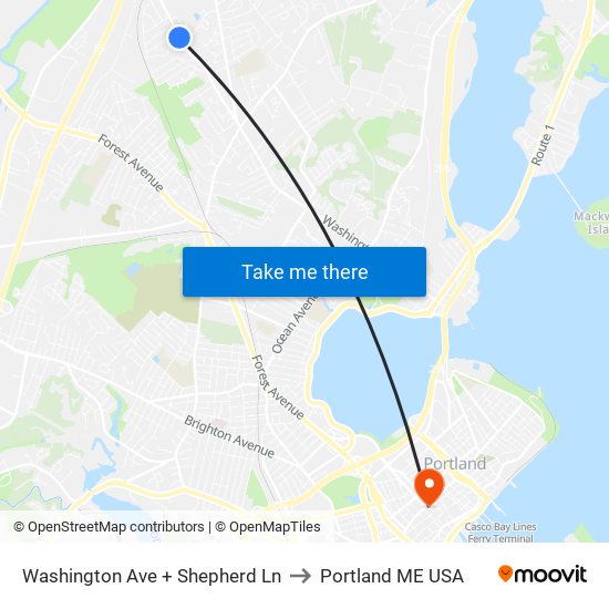 Washington Ave + Shepherd Ln to Portland ME USA map