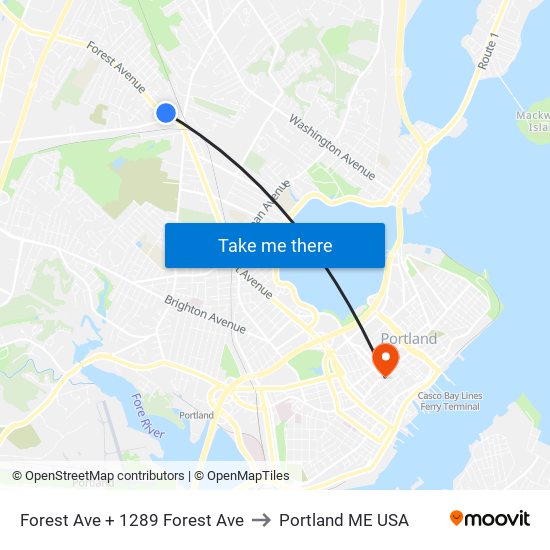 Forest Ave + 1289 Forest Ave to Portland ME USA map