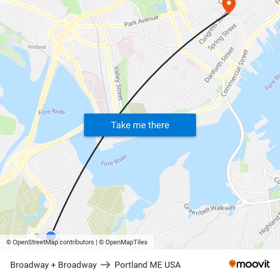 Broadway + Broadway to Portland ME USA map