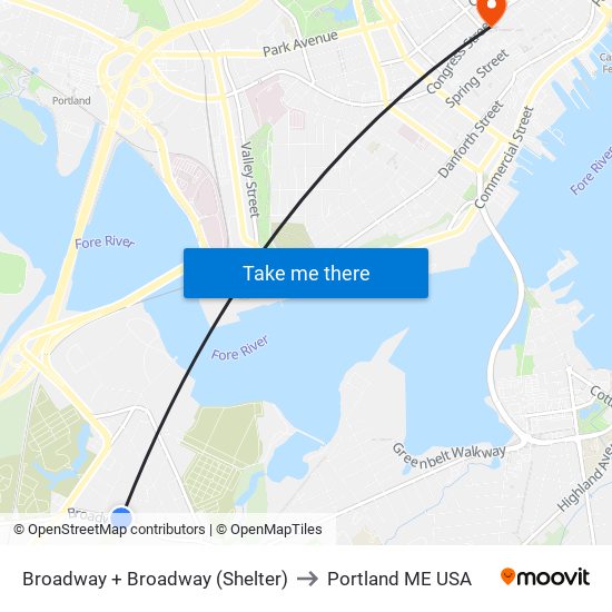 Broadway + Broadway (Shelter) to Portland ME USA map