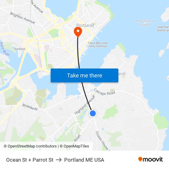 Ocean St + Parrot St to Portland ME USA map