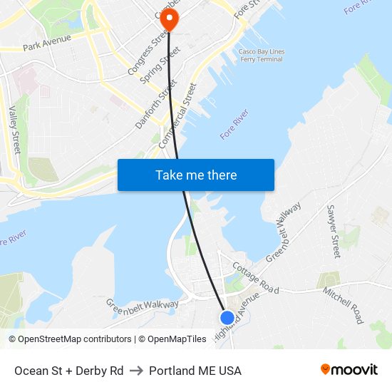 Ocean St + Derby Rd to Portland ME USA map