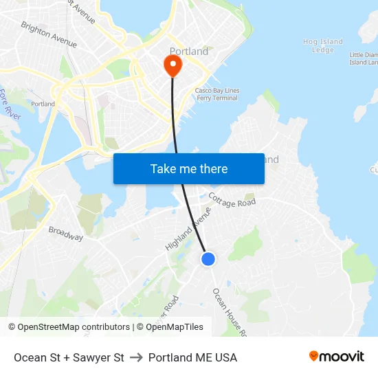 Ocean St + Sawyer St to Portland ME USA map