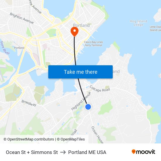 Ocean St + Simmons St to Portland ME USA map