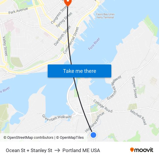 Ocean St + Stanley St to Portland ME USA map