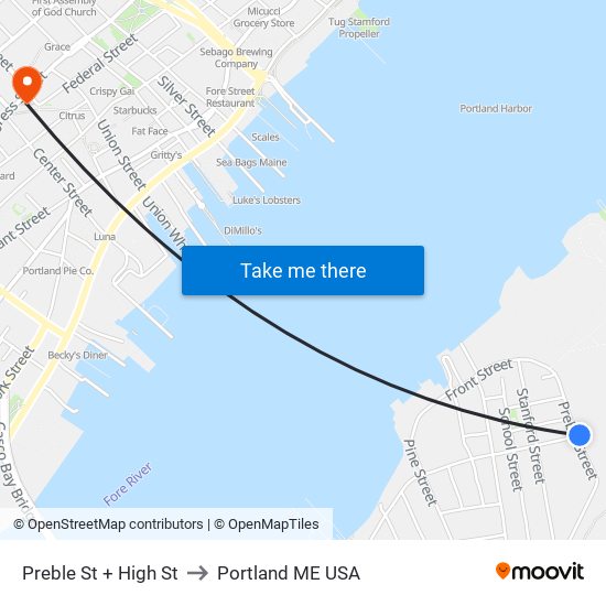 Preble St + High St to Portland ME USA map