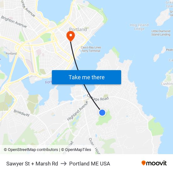 Sawyer St + Marsh Rd to Portland ME USA map