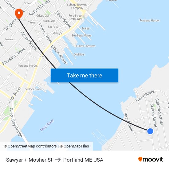 Sawyer + Mosher St to Portland ME USA map