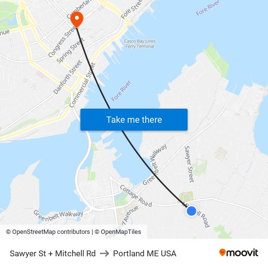 Sawyer St + Mitchell Rd to Portland ME USA map