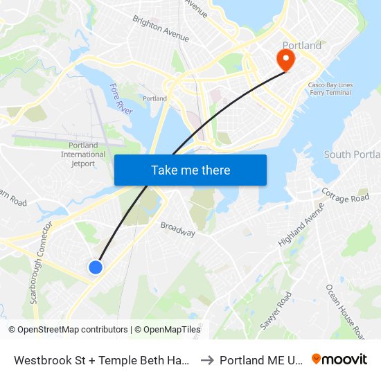 Westbrook St + Temple Beth Hamm to Portland ME USA map