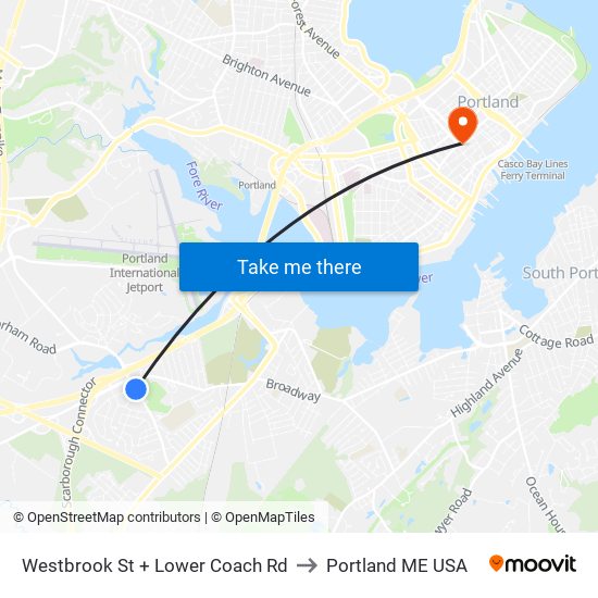 Westbrook St + Lower Coach Rd to Portland ME USA map