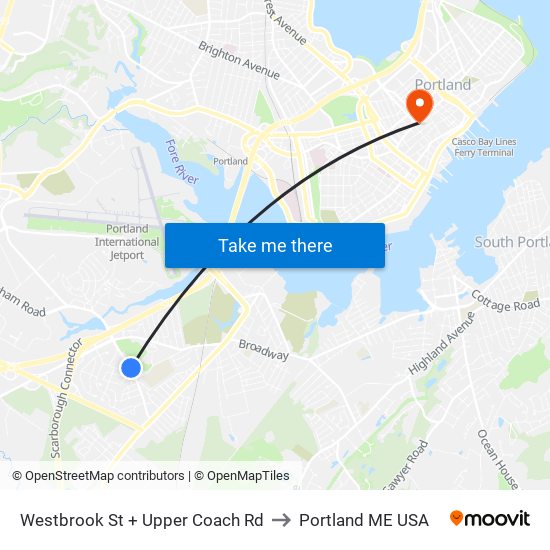 Westbrook St + Upper Coach Rd to Portland ME USA map