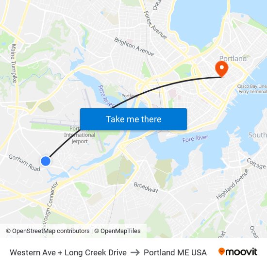 Western Ave + Long Creek Drive to Portland ME USA map