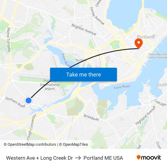 Western Ave + Long Creek Dr to Portland ME USA map