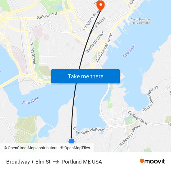 Broadway + Elm St to Portland ME USA map